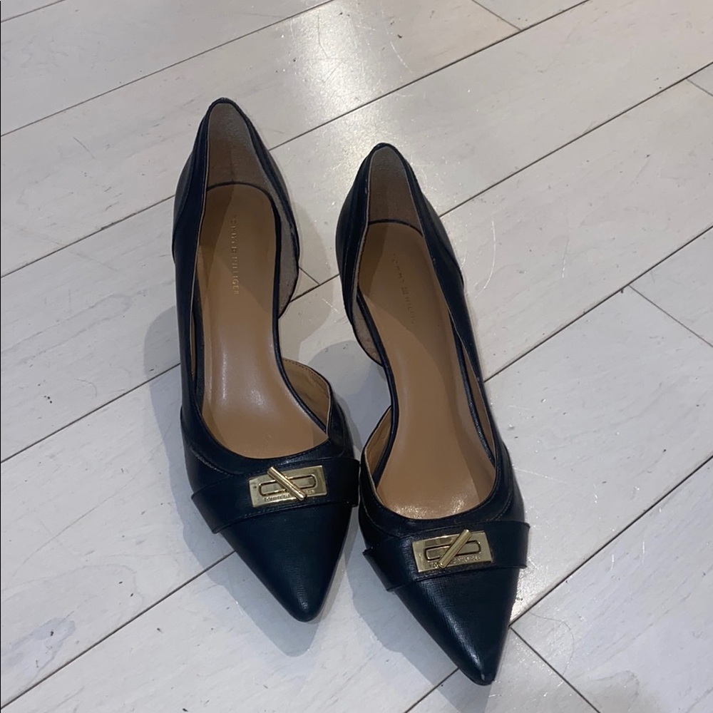 Tommy Hilfiger Black Pointed-Toe Heels with Gold Buckle